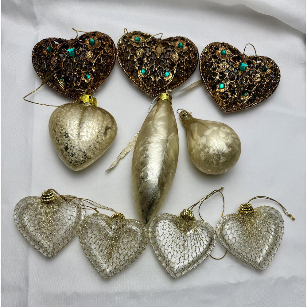 3 Fancy Gold Glass Ornaments with 7 Ornate Plastic Hearts Christmas Bundle